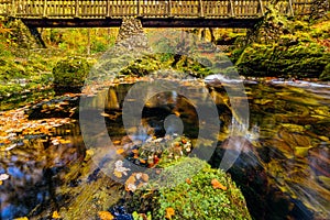 Cascades under wooden bridge on mountain stream, with mossy rocks in Tollymore Forest Park