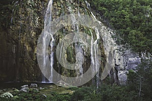 Cascades and waterfalls in the landscape of Plitvice Lakes.