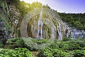 Cascades and waterfalls in the landscape of Plitvice Lakes.