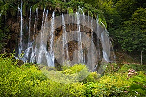 Cascades and waterfalls in the landscape of Plitvice Lakes  Croatia.