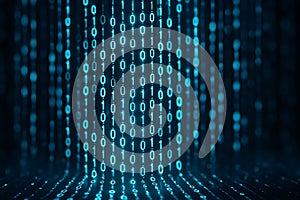 Cascading blue binary code streams down in digital rain
