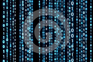 Digital binary code streams falling blue light data technology