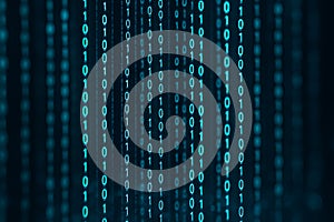 Cascading digital rain of turquoise binary code on dark backdrop