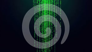 Cascading green binary code on dark background