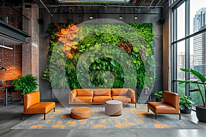 Cascading green wall installed in a contemporary office lobby, providing a refreshing and calming atmosphere for