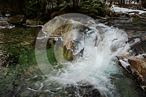 Cascading Mountain Stream With Snowy Banks in a Forested Winter Landscape