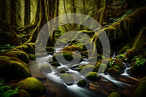 A cascading stream winding through a lush, moss-draped temperate rainforest, nurturing a rich tapestry of life