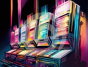 A cascading waterfall of blinking neon signs above a row of luxurious slot machines. Lifestyle concept. AI generation