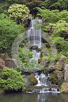 Cascading waterfall in japanese garden in portland