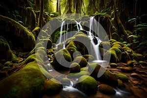 A cascading waterfall surrounded by moss-covered rocks in a secluded forest