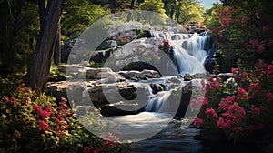 A cascading waterfall surrounded by vibrant wildflowers in a lush forest, AI Generative