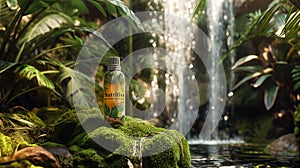 Cascading waterfalls in a lush rainforest provide the backdrop to a shampoo bottle.