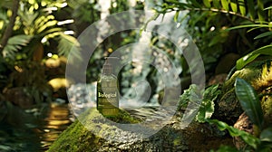 Cascading waterfalls in a lush rainforest provide the backdrop to a shampoo bottle, AI generated