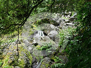 Cascata da Grena waterfall of the Parque da Grena natural park on the island of Sao Miguel in Azores