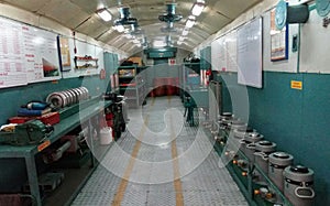 Interior view of a well equipped accident relief railway train coach.