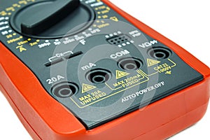 Case digital multimeter closeup on white background