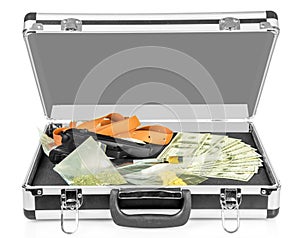 Case with money, guns and drugs isolated on white.