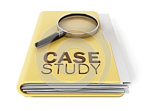 Case study text under magnifying glass. 3D illustration.