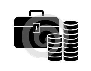 Case, suitcase with round metal money and piles, stacks of metal coins, symbol of economy growth, profit, wealth, treasure