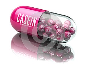 Casein capsiule on white background. Sport nutrition an