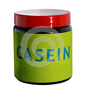 Casein protein. Container with sport nutrition