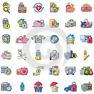 Cash accumulation icons set, cartoon style