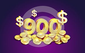 Cash back 900 dollar Percentage golden coins, financial save off. Vector illustration