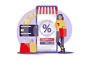 Cash back concept. Saving money. Loyalty program. Rebate program. Selling discount concept. Cash back service. Cost transfer.