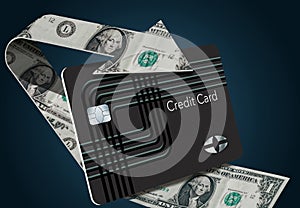 Cash back credit card rewards are illustrated here with a looping arrow made of dollar bills wrapping around a cash back card.