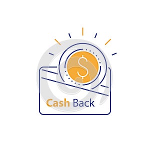 Cash back, currency credit card, fast easy loan, loyalty concept, collecting bonus, earn reward, line icon