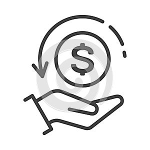Cash back icon with hand holding coin with dollar symbol and arrow. Isolated, lined, vector pictogram. Save money on internet stor