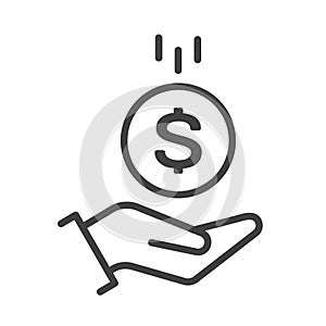 Cash back icon with hand holding coin with dollar symbol and arrow. Isolated, lined, vector pictogram. Save money on internet stor