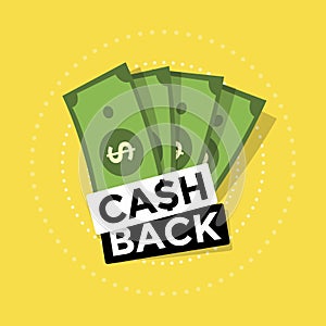 Cash back icon on yellow background. Cash back or money refund label.