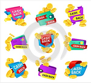 Cash back icons set with wallet  coins  bank card  arrows. Money refund label. emblem  sticker