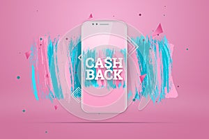 Cash Back, an image of a smartphone and emblem on a pink background. Business concept, refund, online shopping, mobile banking.