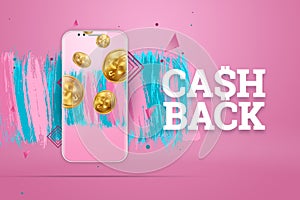 Cash Back, an image of a smartphone and emblem on a pink background. Business concept, refund, online shopping, mobile banking.