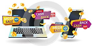 Cash back label. Smartphone and computer with logo offer win. Profitable shopping. Laptop and mobile. Sale promotion