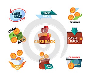 Cash back logo. Promotional stylized logotypes or geometrical abstract badges for ads credit managing services