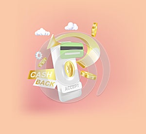 Cash back, money saving vector concept with dollar coins, wallet, arrows, credit card.