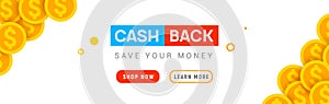 Cash back offer banner design. Promotion refund cashback money sale poster