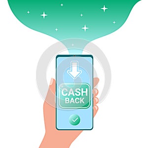 Cash back. Refund, cash back to smartphone. Rewarding, bonus, money, profit, return. Vector illustration