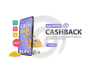 Cash back Sale, money refund icon concept. trolley and coin stack, online payment on mobile