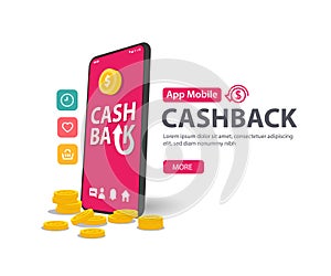 Cash back Service, money refund icon concept. trolley and coin stack, online payment on mobile