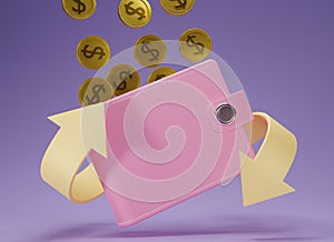 Cash back sign with Pink leather wallet, dollars gold coins and arrow. 3d render with pink purse and cash on purple background.