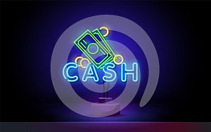 Cash text sign vector design template. Cash Back symbols neon logo, light banner design element colorful modern design
