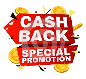 Cash back vector label. Money refund banner with gold coins