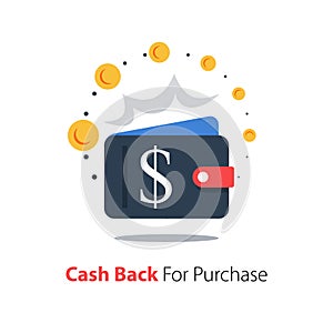 Cash back, wallet with dollar sign and flipping coin, transfer money