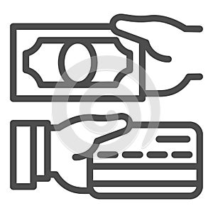 Cash and bank card in hands line icon, Payment problem concept, payment methods sign on white background, hand with
