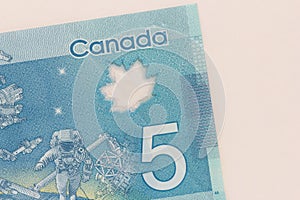 Cash bills from Canadian currency. Dollars. Detail close up shot