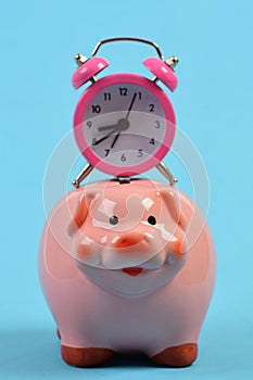 Cash box with financial income. Ceramic toy pig with stopwatch
